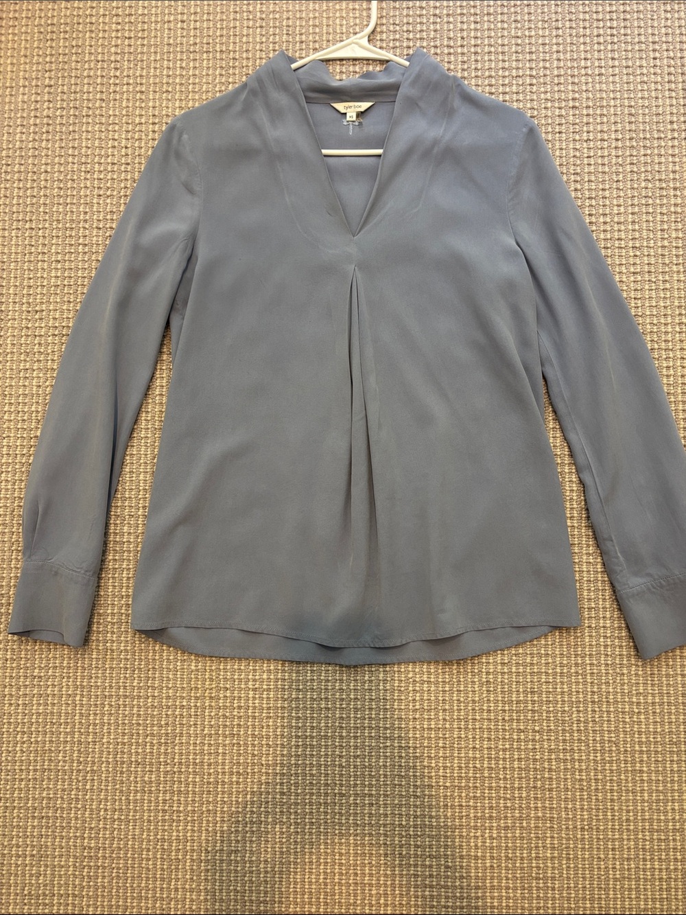 Tyler Boe Soft Slate V-Neck Long Sleeve Silk Blouse